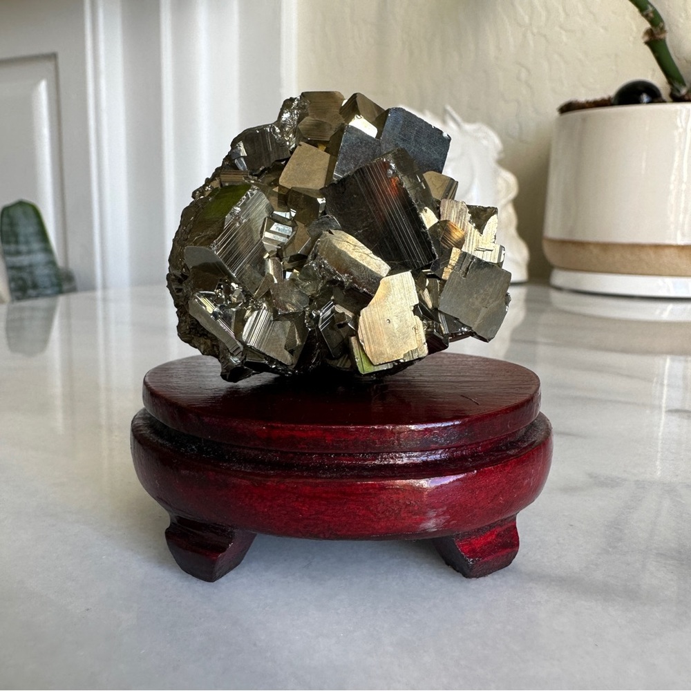 VINTAGE • Huge Pyrite Chunk Healing Energy Crystal Fools Gold Wood Stand Witch